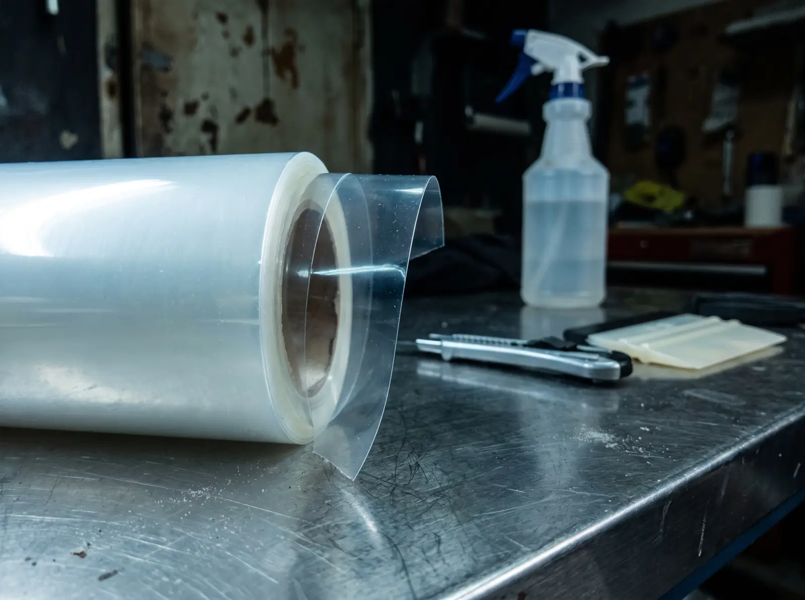 A roll of clear paint protection film unrolled on a workshop bench beside a blade holder and squeegee