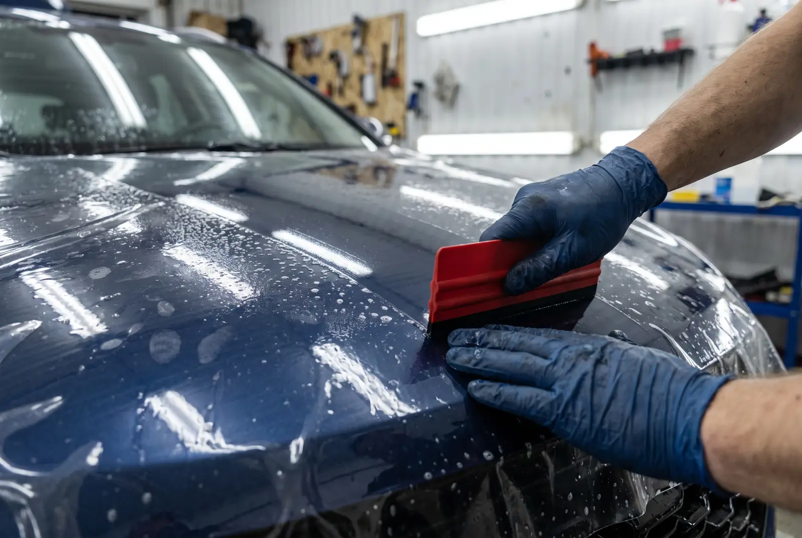 Paint protection film being installed, representative of Tesla Model Y work