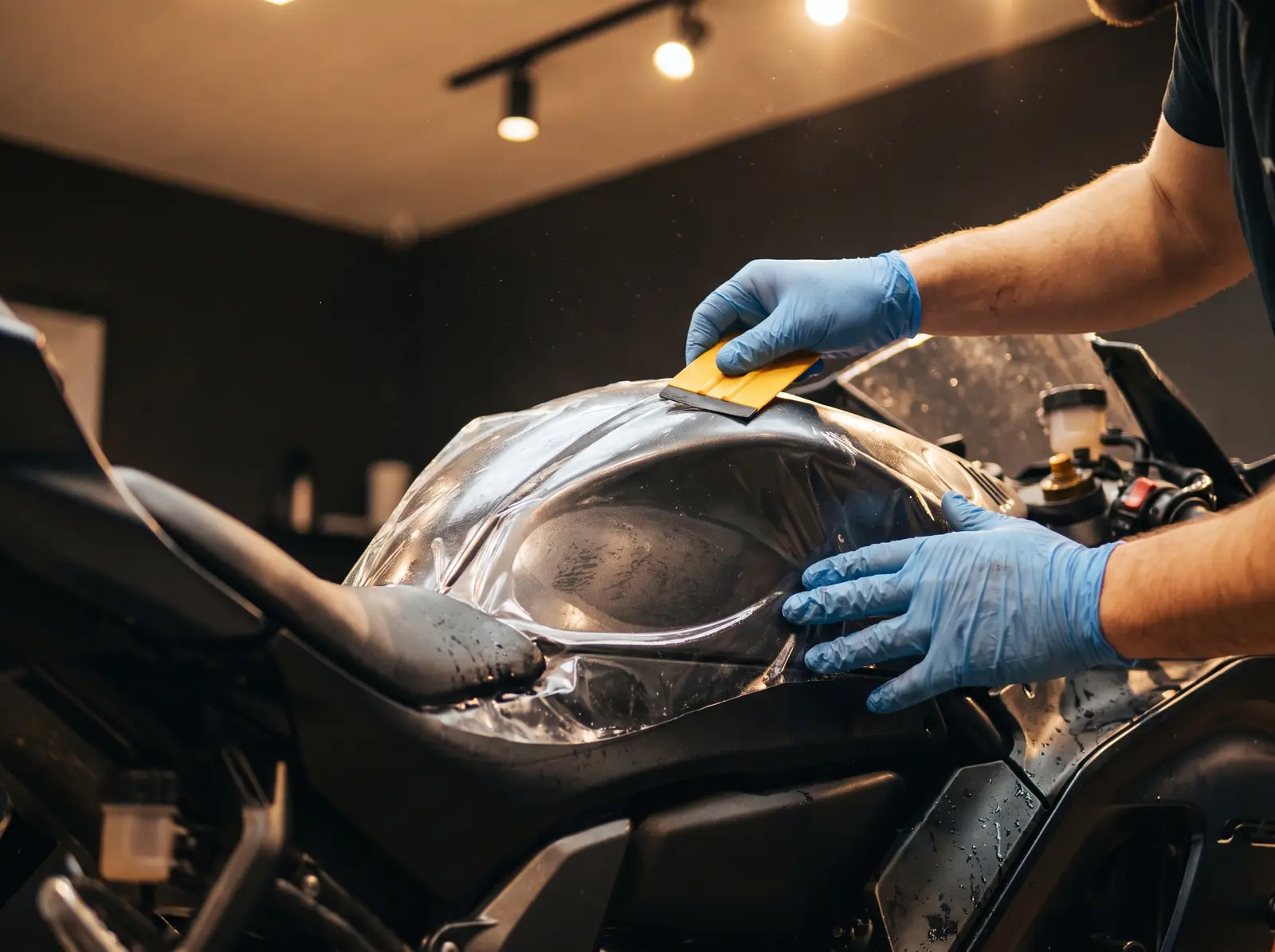 Paint protection film being installed, representative of Motorcycles and Powersports work