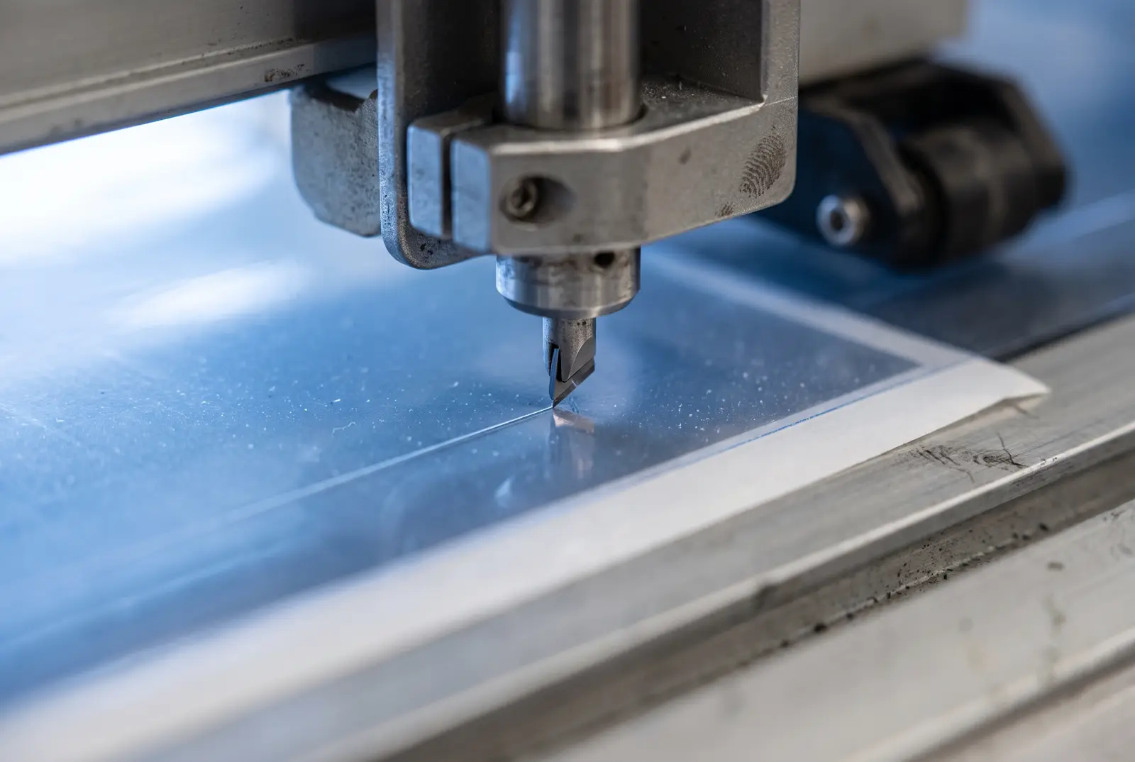 A plotter blade head scoring clear protective film, the release liner beneath left uncut