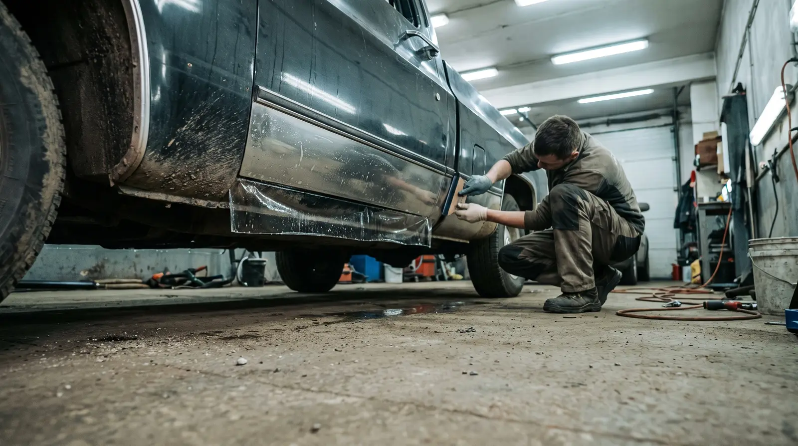 Paint protection film being installed, representative of Tesla Cybertruck work