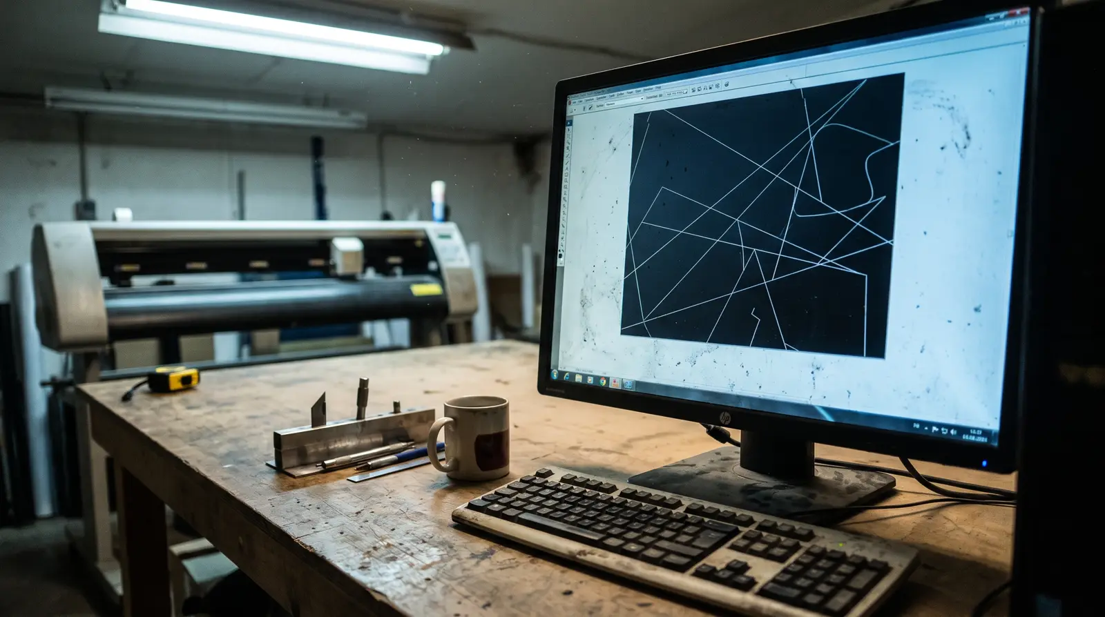 A cutting workstation in a film shop with the pattern layout on screen